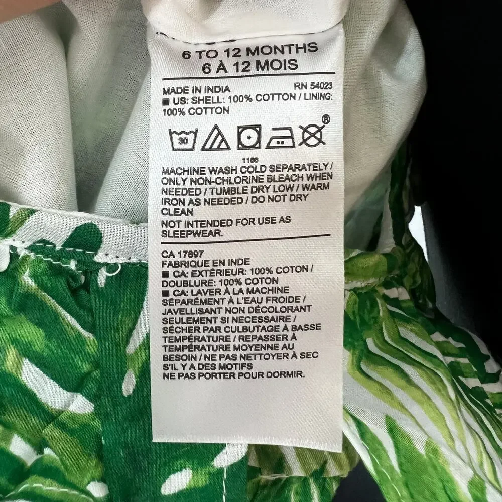 Janie and Jack White Green 6-12 M Bodysuit Cotton Ruffle Neck Tropical Print NEW